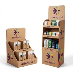 Présentoir carton PLV avec logo Asteris Print Maroc